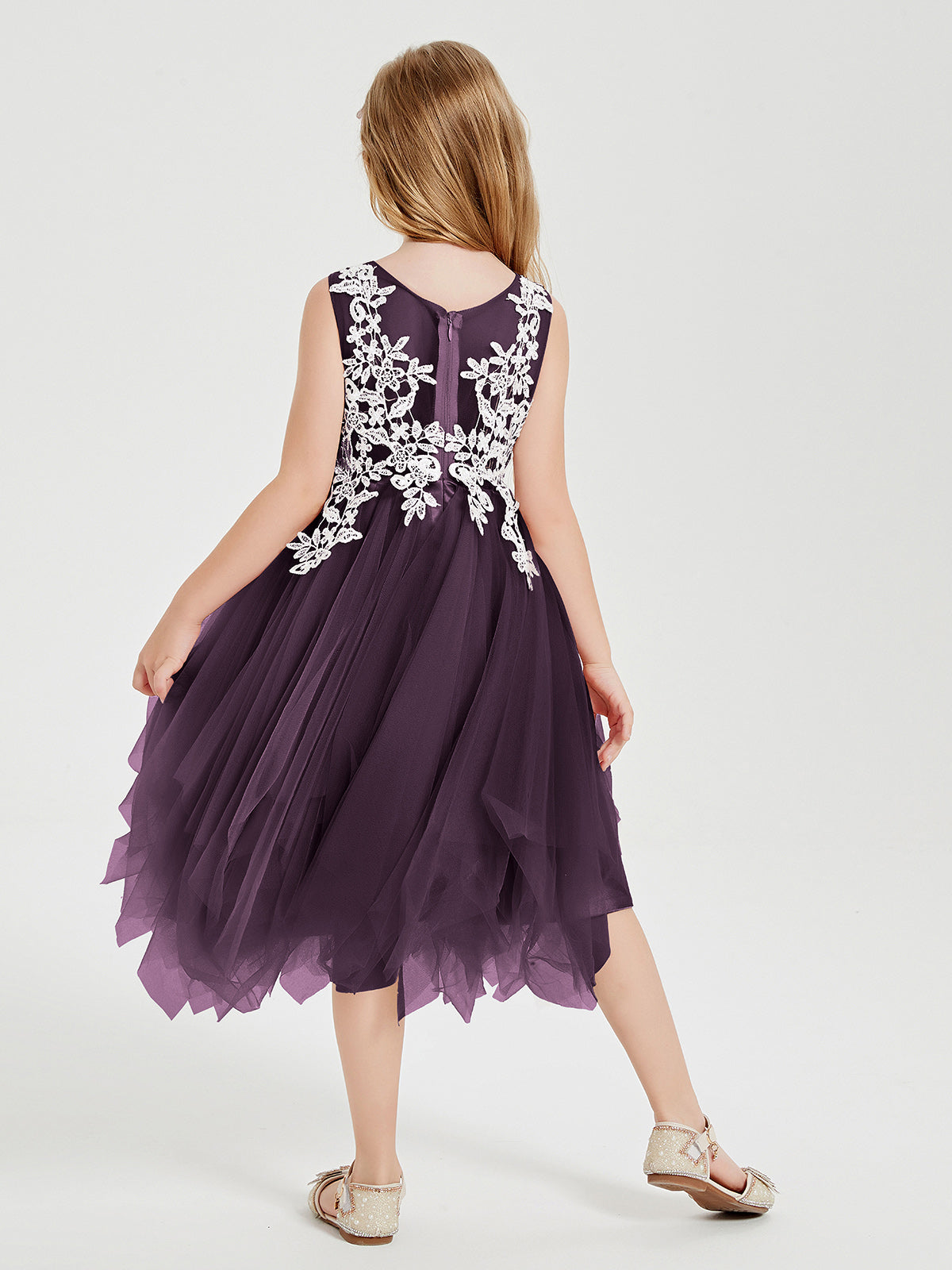 Tea Length Tulle Junior Bridesmaid Dresses Plum